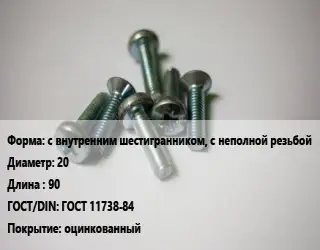 Винт с внутренним шестигранником, с неполной резьбой 20х90 ГОСТ 11738-84 оцинкованный
